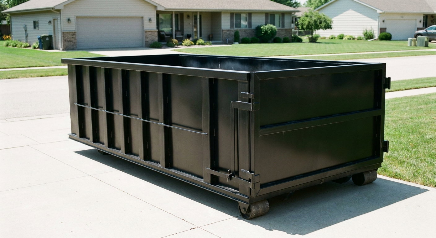 Matte-black 10-yard roll-off dumpster on a residential concrete driveway in Salinas, uniformly painted matte black across every panel and rail, ribbed steel sidewalls and rear swing door visible, mid-day daylight.