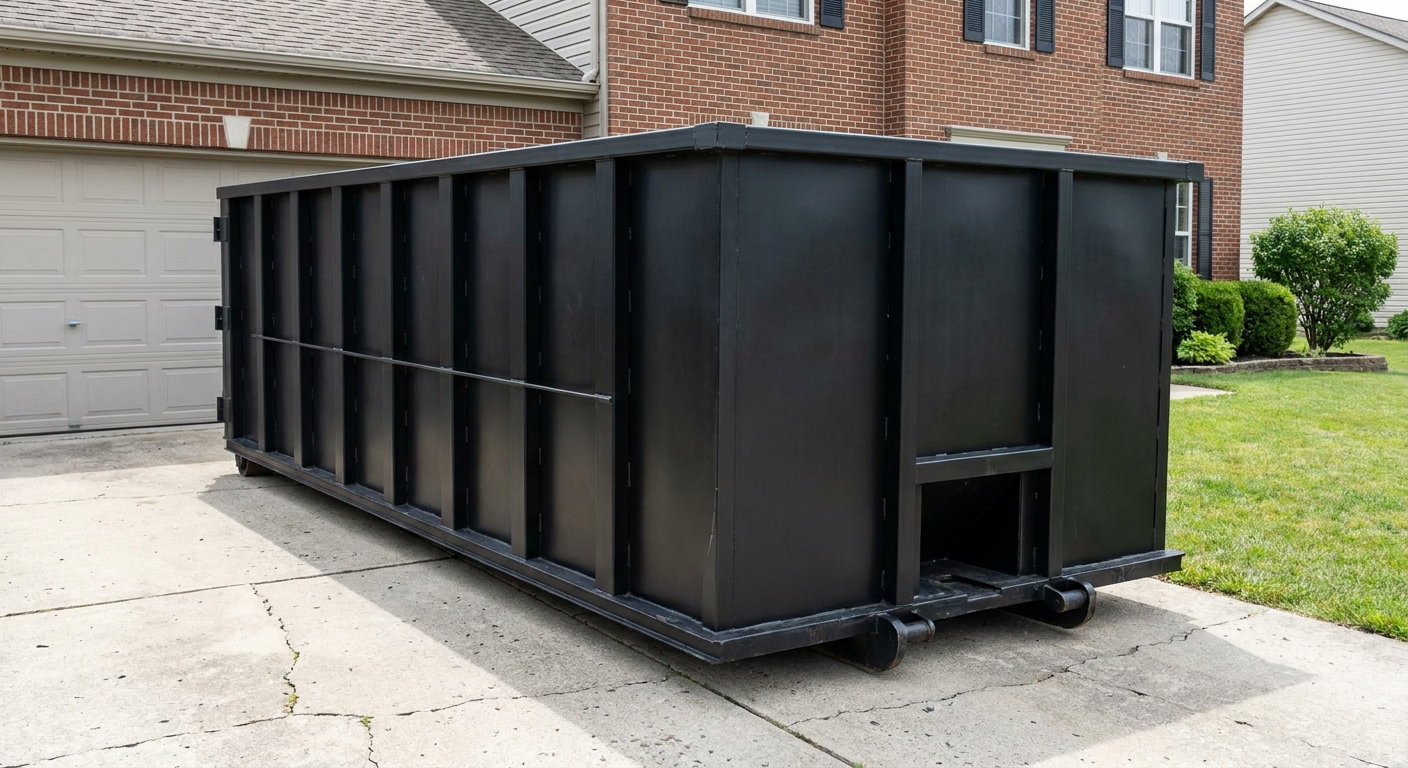 Matte-black 20-yard roll-off container on a Salinas residential concrete driveway with reinforced ribbed steel sidewalls and a hinged rear walk-in door, clean bright daylight.