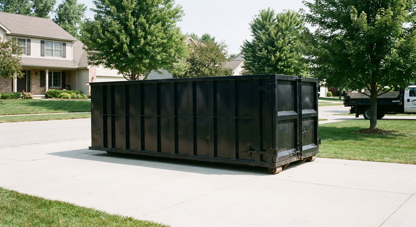 Matte-black 20-yard roll-off dumpster sitting level on a clean Salinas residential concrete driveway under bright daylight, demonstrating clean placement directly on the concrete.