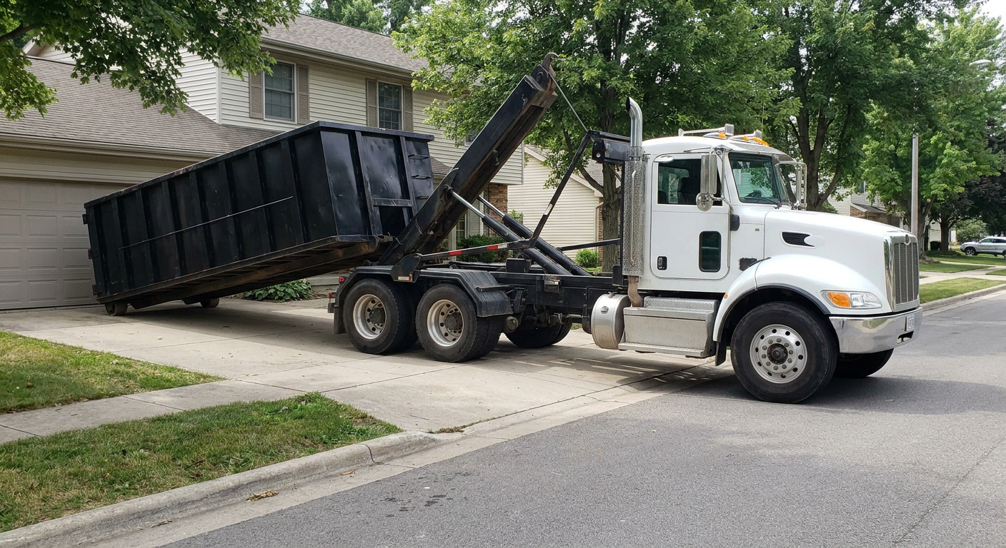White-cab hooklift roll-off truck actively lowering a matte-black dumpster onto a Salinas residential concrete driveway, the dumpster's rear wheels touching the driveway as the hoist arm tilts the bed forward, mid-morning daylight.