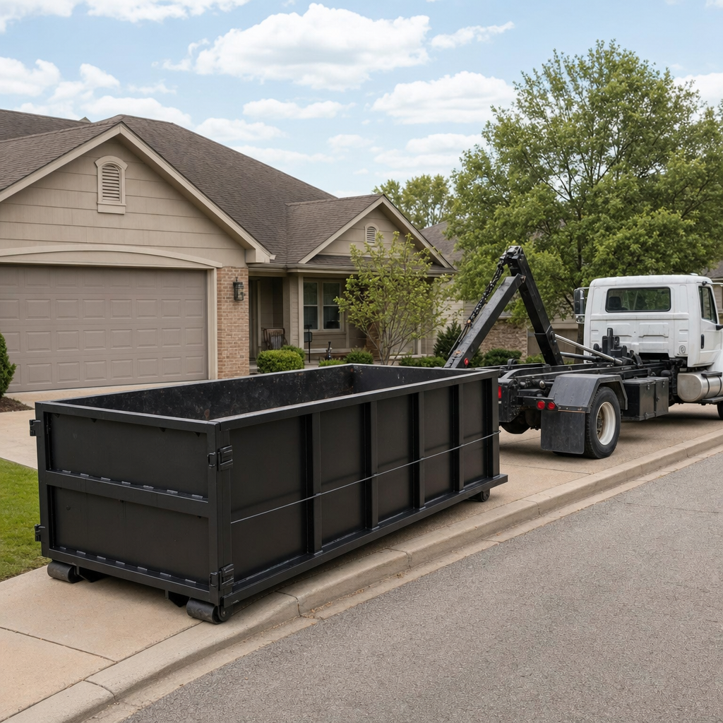 Wide documentary shot of a matte-black roll-off dumpster on a Salinas residential driveway in the foreground and a contractor jobsite container in the soft-focus background, bright daylight, calm and orderly composition.